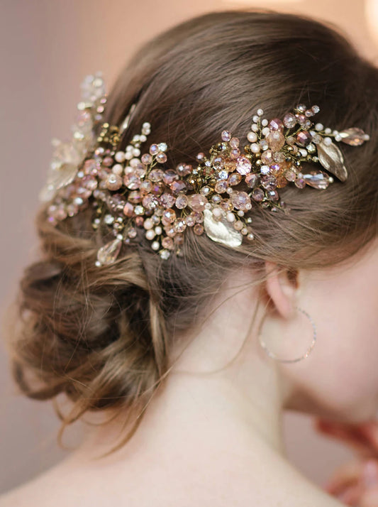 Trendy Bridemaid Flower Headband Gold Pink Crystal